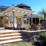 Lattice covering oasis with palm trees in sunshine